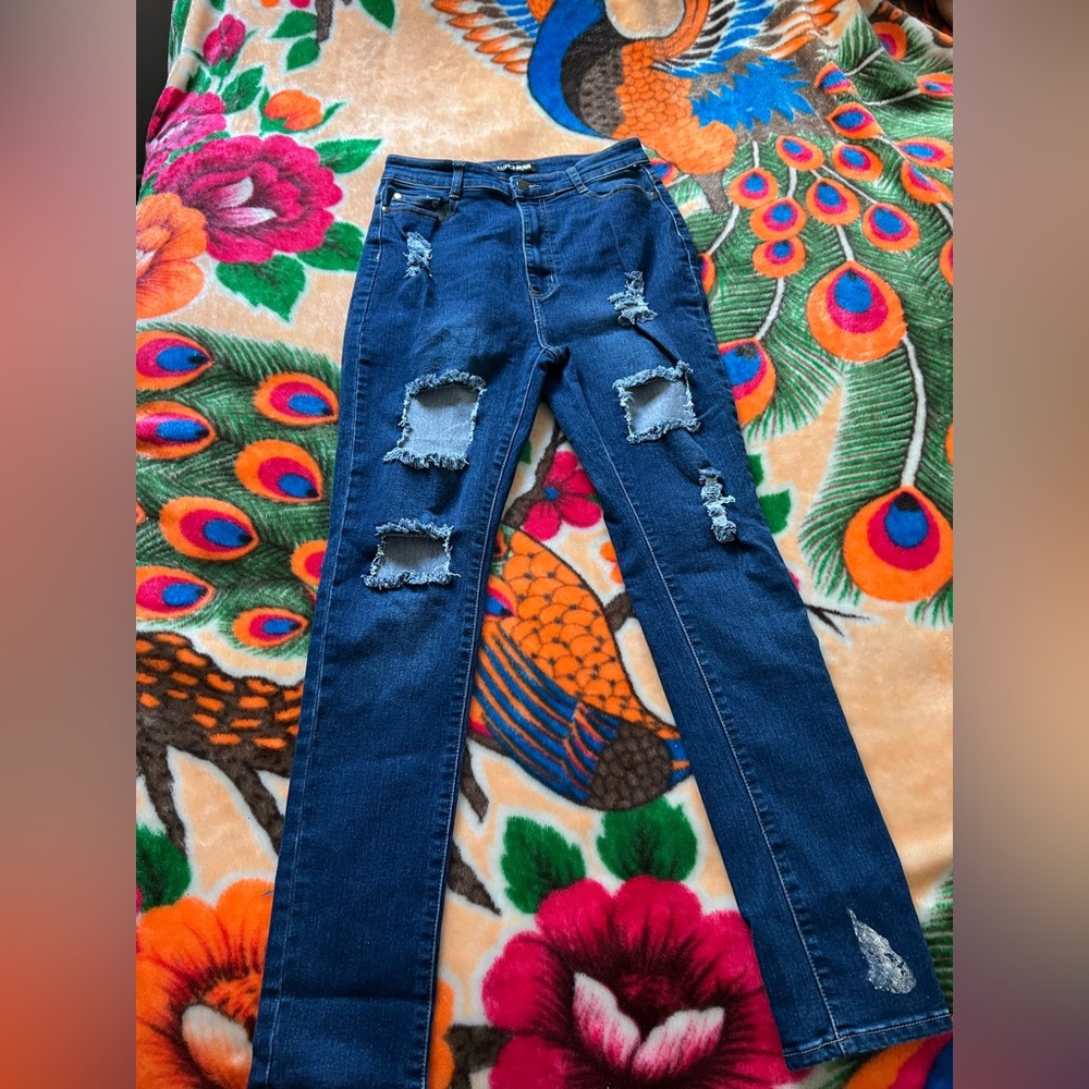 Fashion Nova Blue Distressed Skinny Jeans